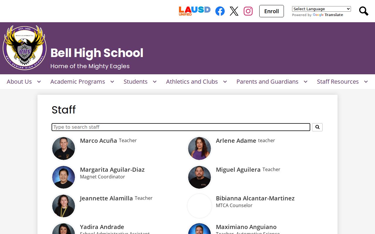 Bell people directories screenshot of the Bell High School staff directory