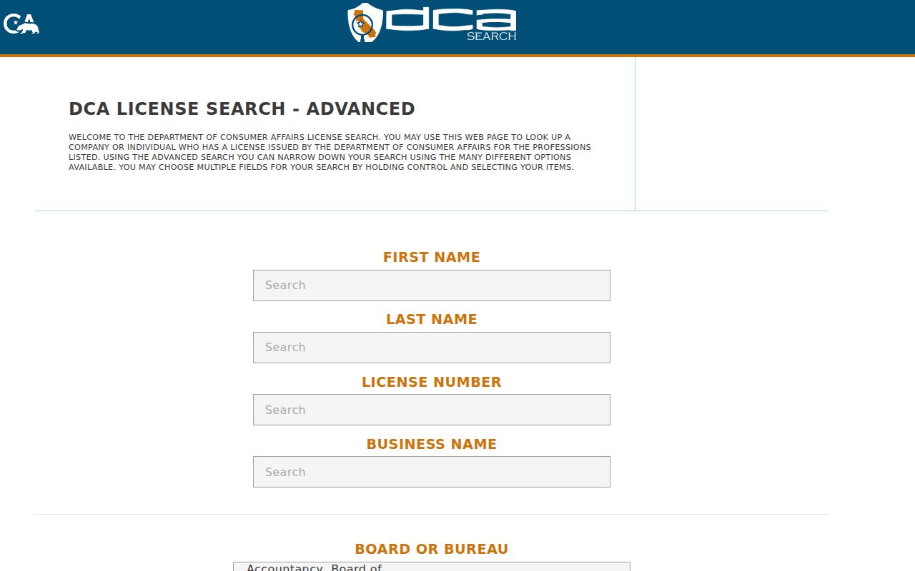 Bell people directories screenshot of California DCA advanced license search