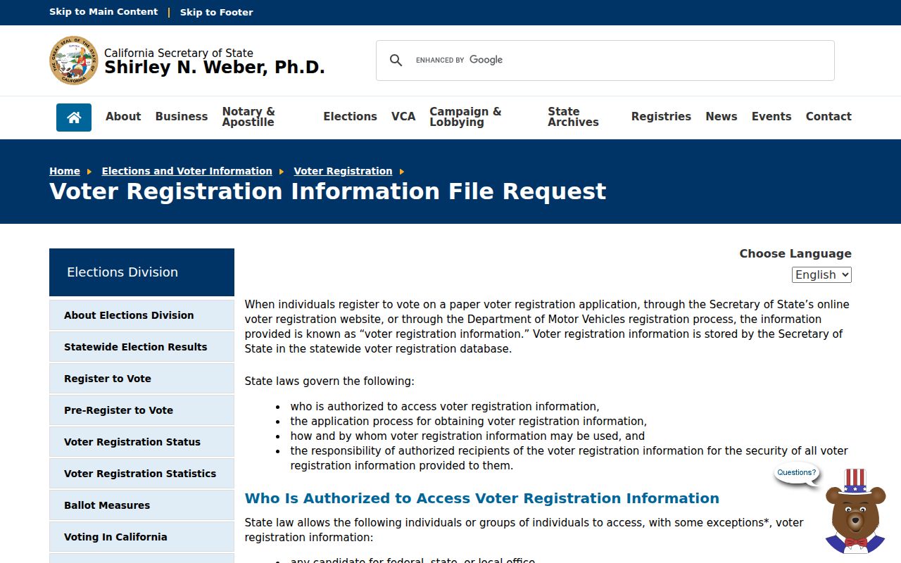 Bell voter registration records California voter registration information file request